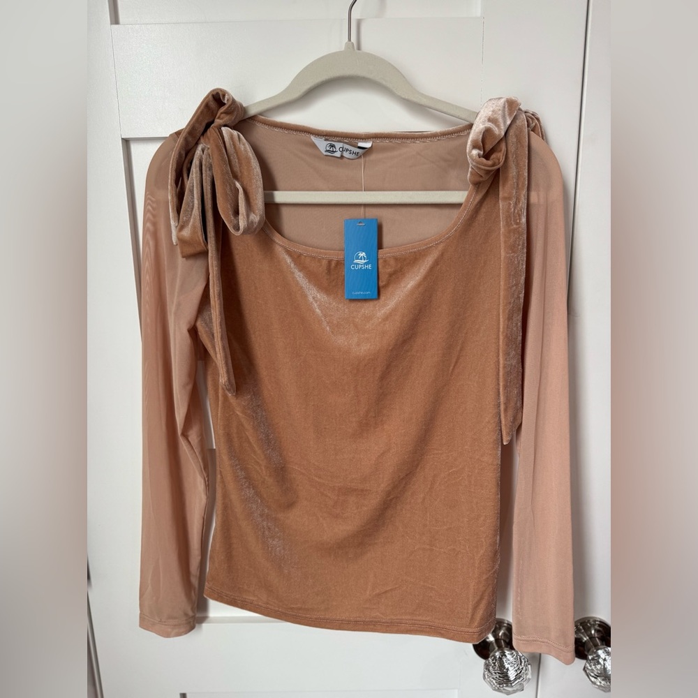 Cupshe Tan Mesh Sleeve Tie Shoulder Long Sleeve Top size NWT